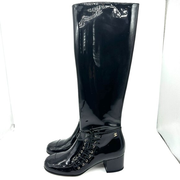 CHANEL Shoes - CHANEL 15A Patent Calf Leather Knee High Tall Lace Up Boots Shoes
